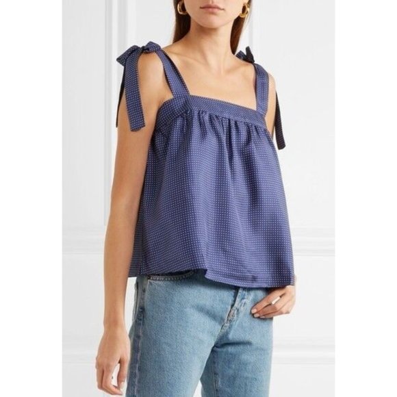 J. Crew Silk Square Neck Shoulder Tie Polka Dot Tank Top Blue White - Picture 1 of 7